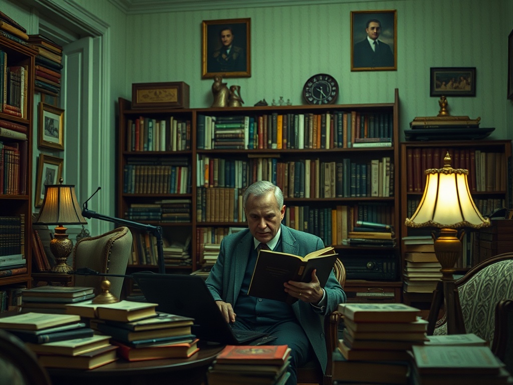 Взрослый мужчина читает книгу в библиотеке, окружённой книгами и картинами на стенах. Светлая лампа освещает комнату.