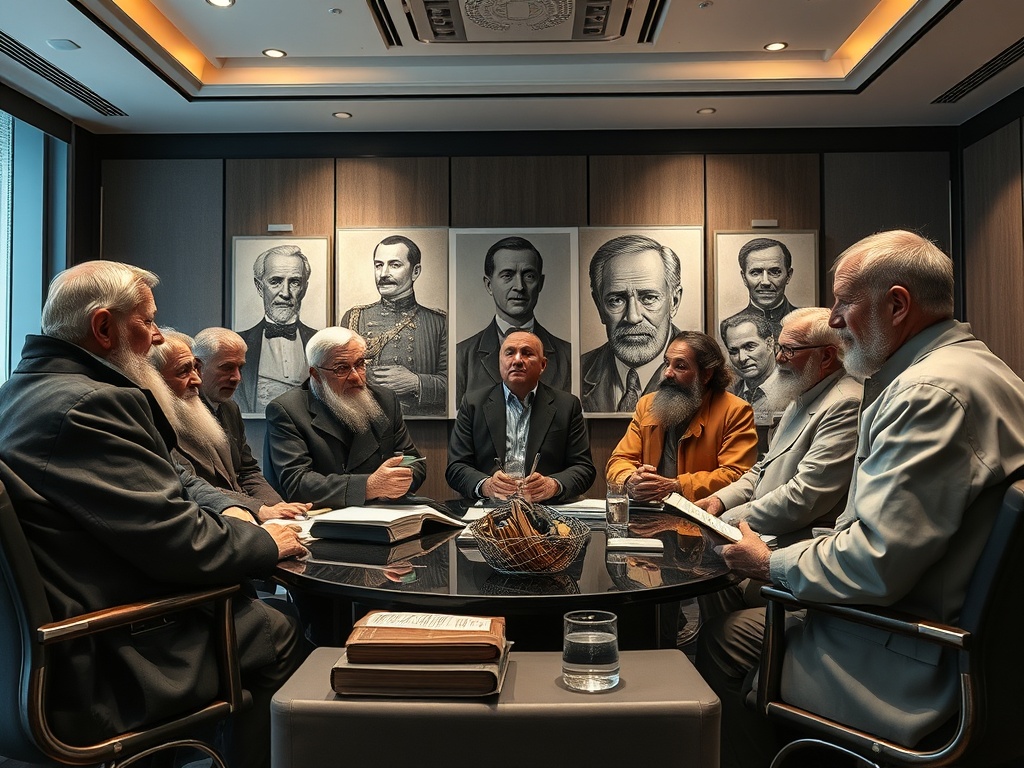 Встреча группы мужчин с седыми бородами в офисе, на стенах портреты известных персон.