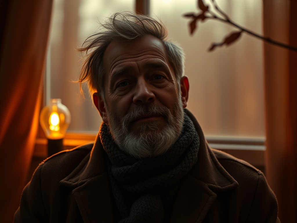 На изображении пожилой мужчина с бородой, мягко освещенный теплым светом лампы. Уютная атмосфера.