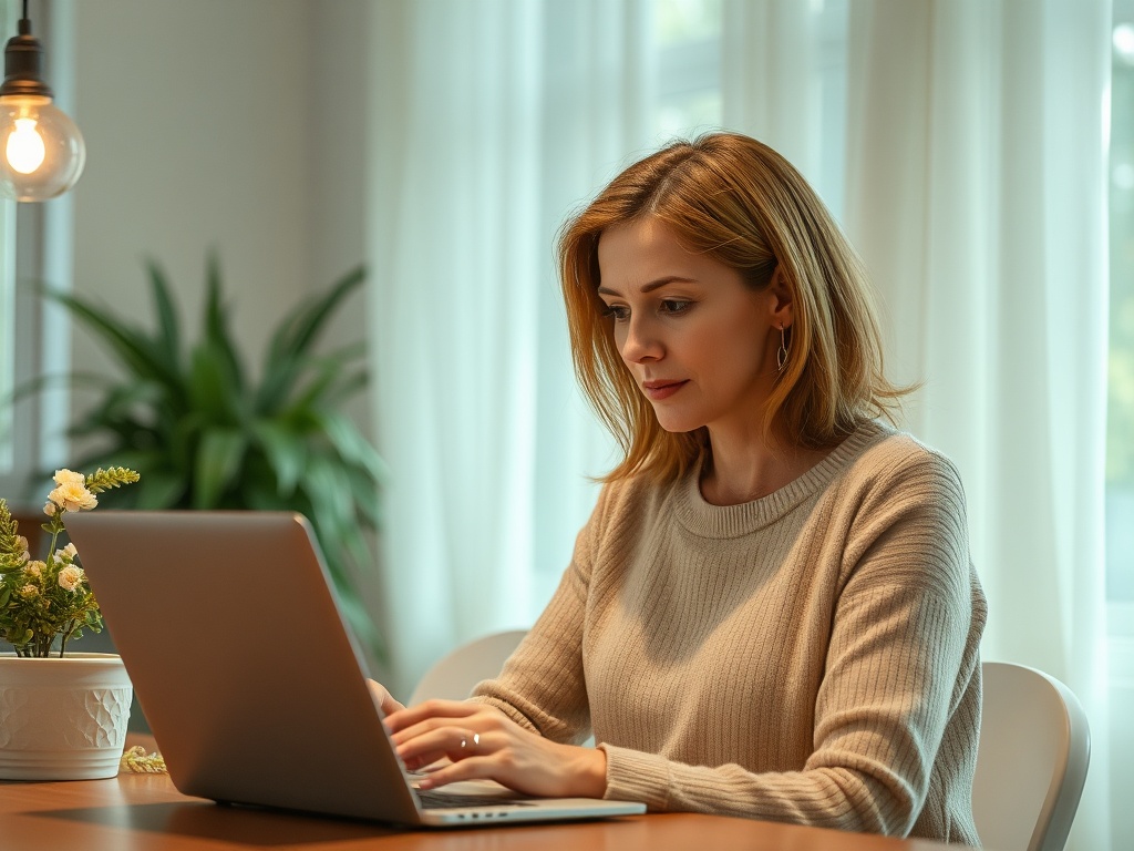 Женщина сидит за столом, работает на ноутбуке, рядом цветы в горшке и мягкий свет от лампы.