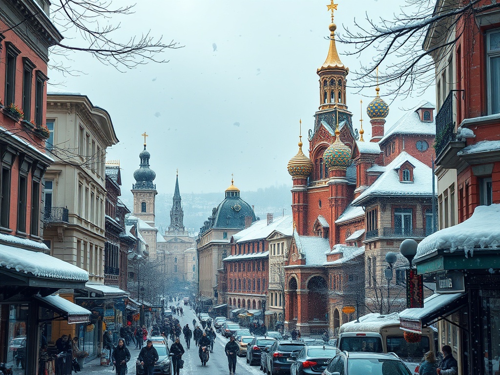 Заснеженная улица с людьми и красивой архитектурой, включая церкви и исторические здания.