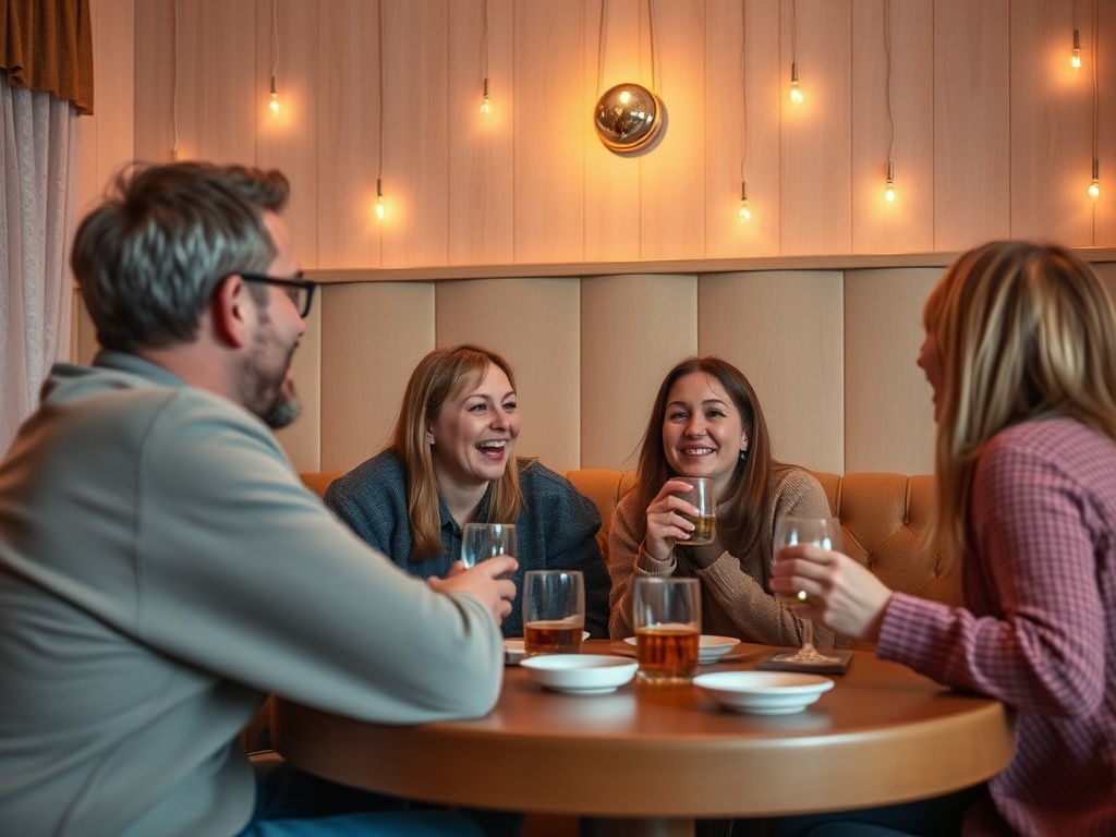 Компания друзей наслаждается вечером, смеясь и общаясь за столом с напитками. Уютная атмосфера.
