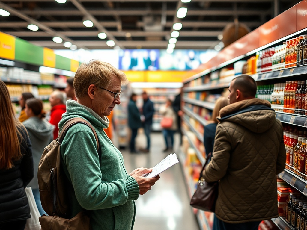 Женщина в магазине внимательно читает список покупок, вокруг - другие покупатели и полки с товарами.