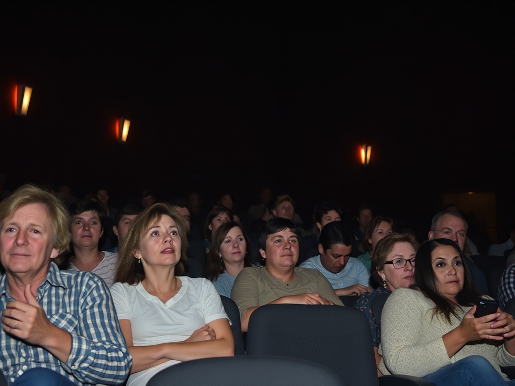 Зрители в зале кинотеатра с заинтересованными выражениями лиц, смотрят на экран. Темно, уютная атмосфера.