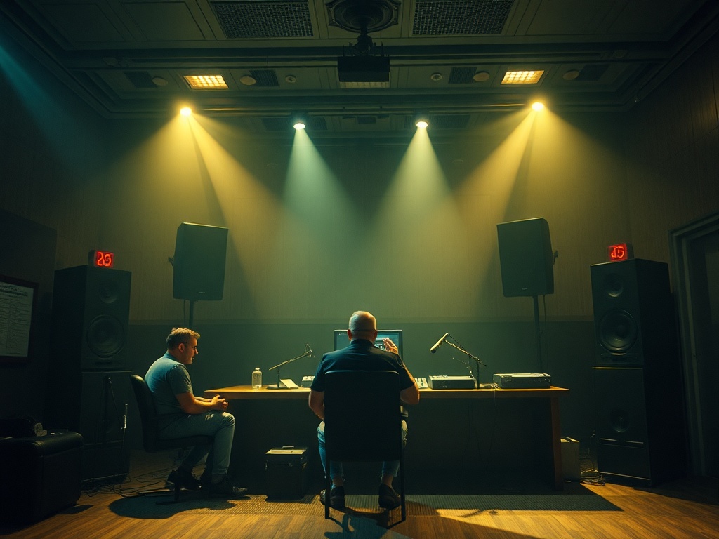 Два человека сидят в студии звукозаписи, освещенные мягким светом, за большим столом с оборудованием.