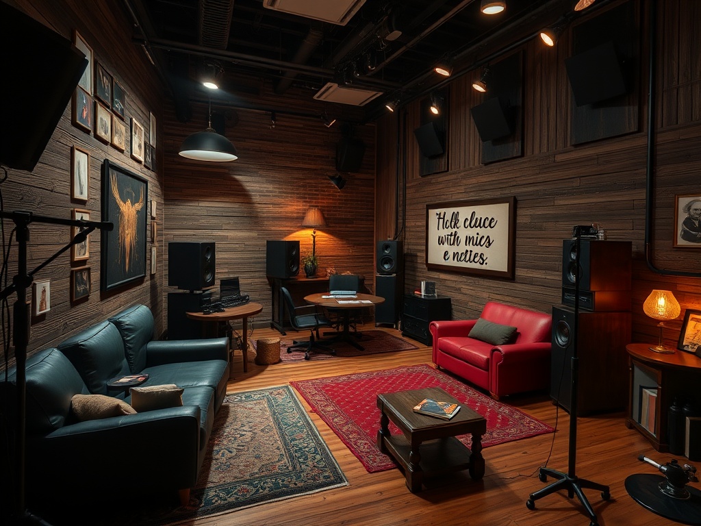 Уютная студия звукозаписи с диванами, столом, акустикой и атмосферным освещением. Стены декорированы картинами.