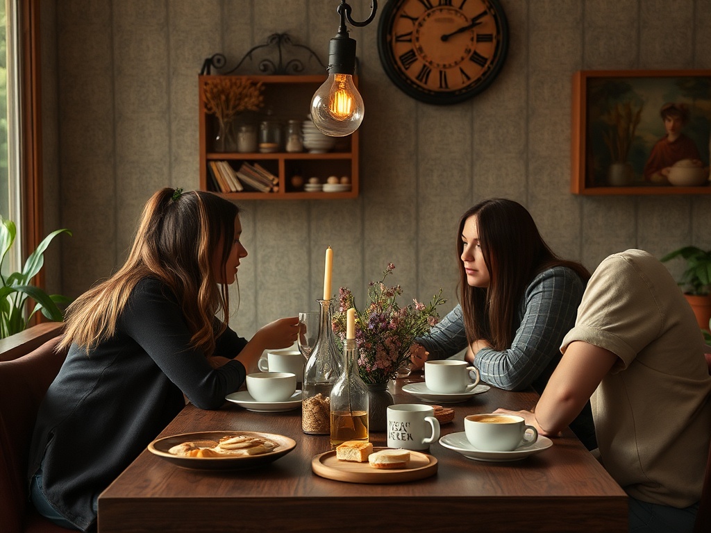 Трое людей за столом в уютной комнате, наслаждаясь кофе и разговаривая. На столе выпечка и цветы.