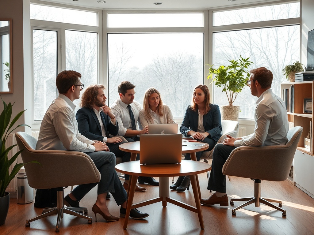 В современном офисе группа людей обсуждает идеи за круглым столом. Атмосфера сотрудничества и взаимодействия.