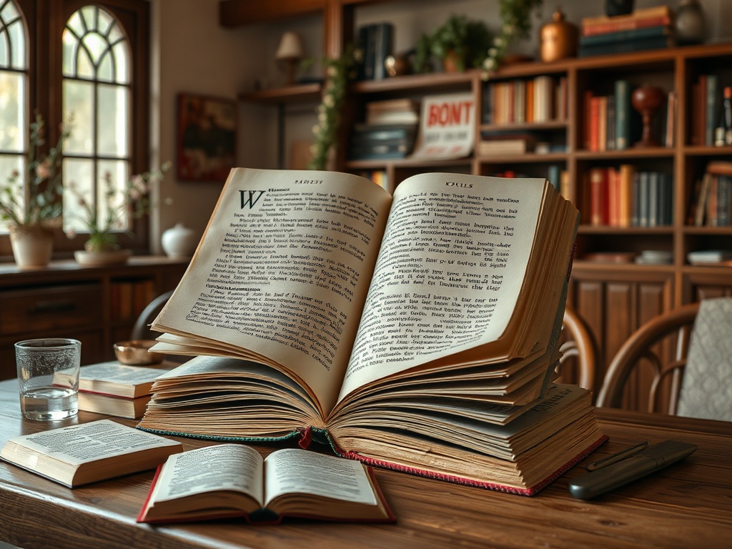 На столе открытая книга с текстом, рядом другие книги и стакан воды. Уютная библиотека на заднем плане.