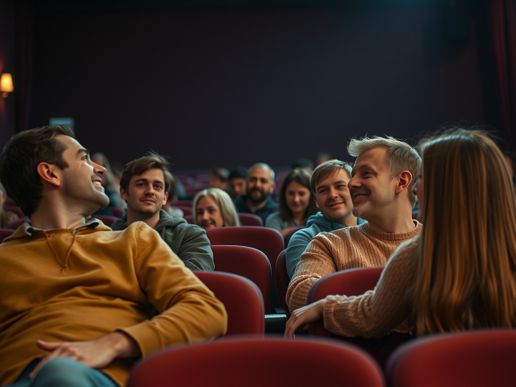 Группа людей сидит в кинотеатре, улыбаясь и общаясь друг с другом перед началом фильма.