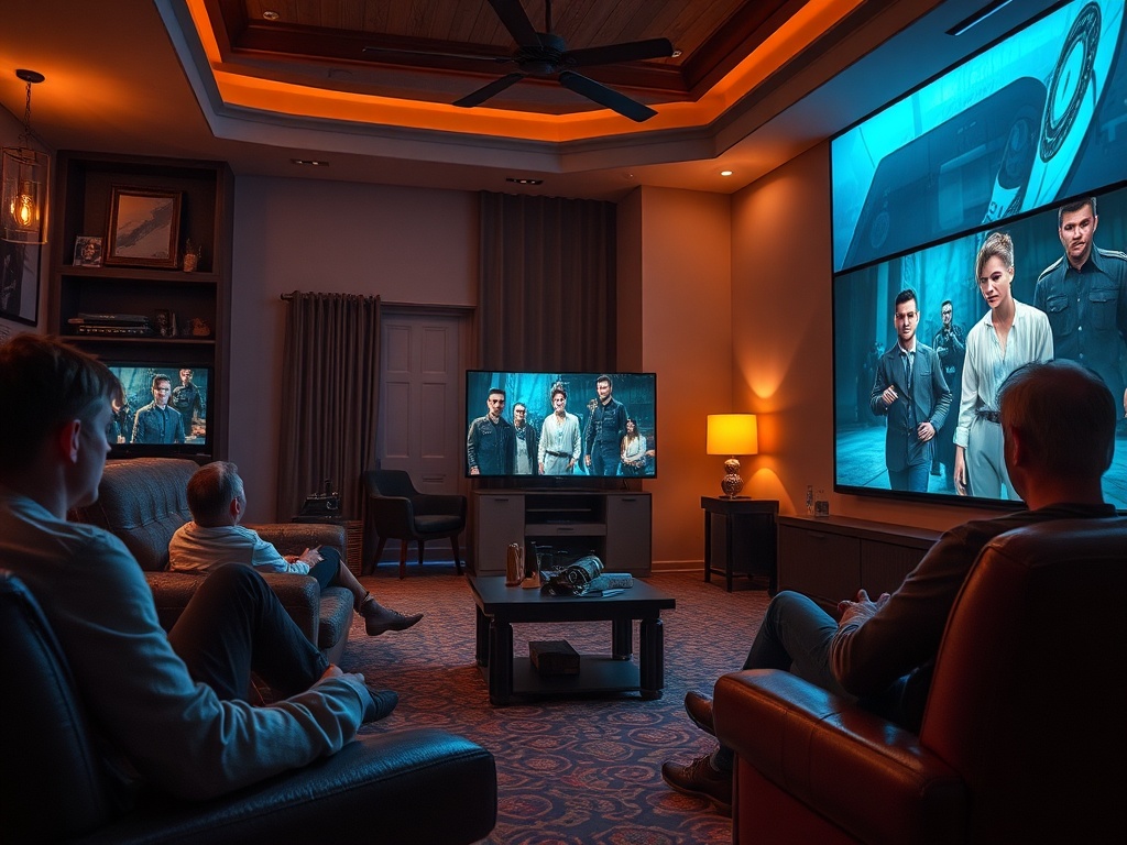 В комнате с мягким освещением люди смотрят фильм на большом экране и телевизоре. Атмосфера расслабленная.