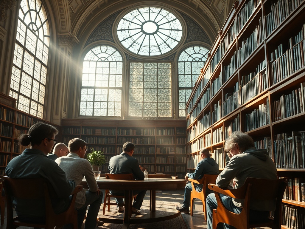 В библиотеке люди сидят за столом, свет проникает сквозь большие окна, окруженные книжными полками.