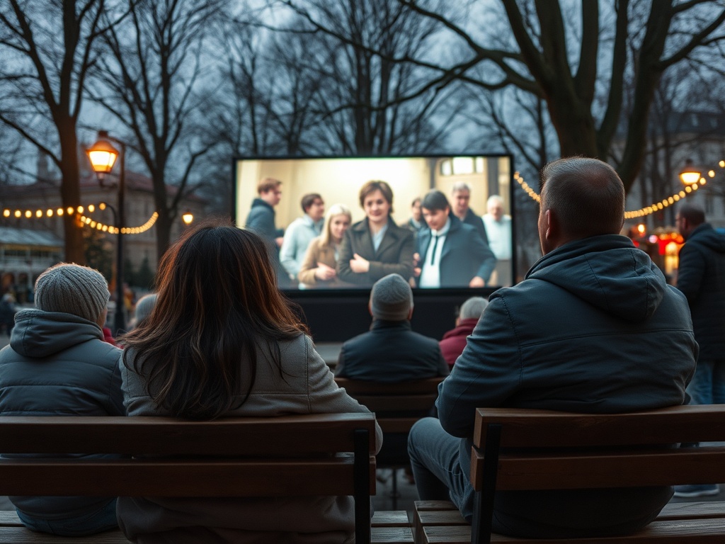 На открытом воздухе люди смотрят фильм на большом экране в вечернее время, окруженные огнями деревьев.