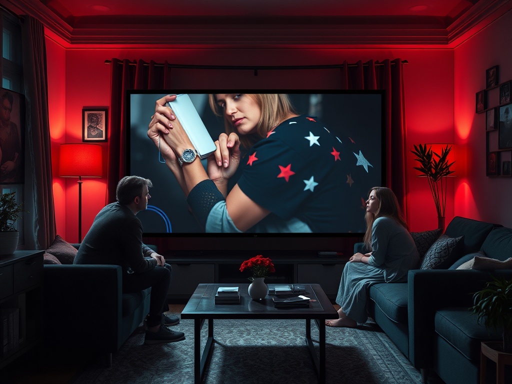Два человека сидят на диване, смотрят на экран с изображением женщины в звездной футболке. Комната с красной подсветкой.