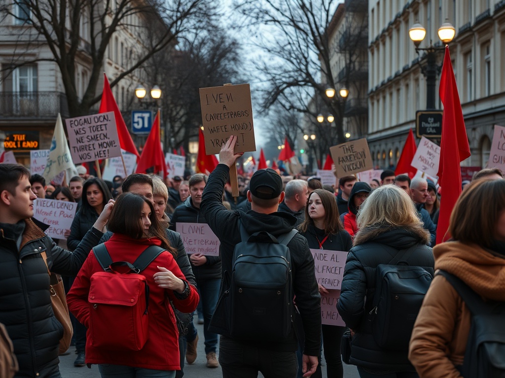 Митинг с плакатами и красными флагами на улице, люди выражают свои требования и протест.