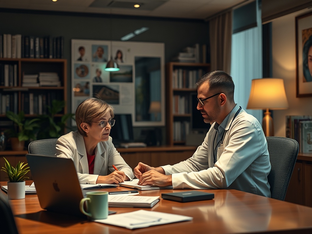 Доктор и пациент обсуждают важные вопросы в офисе, окруженном книгами и уютным освещением.