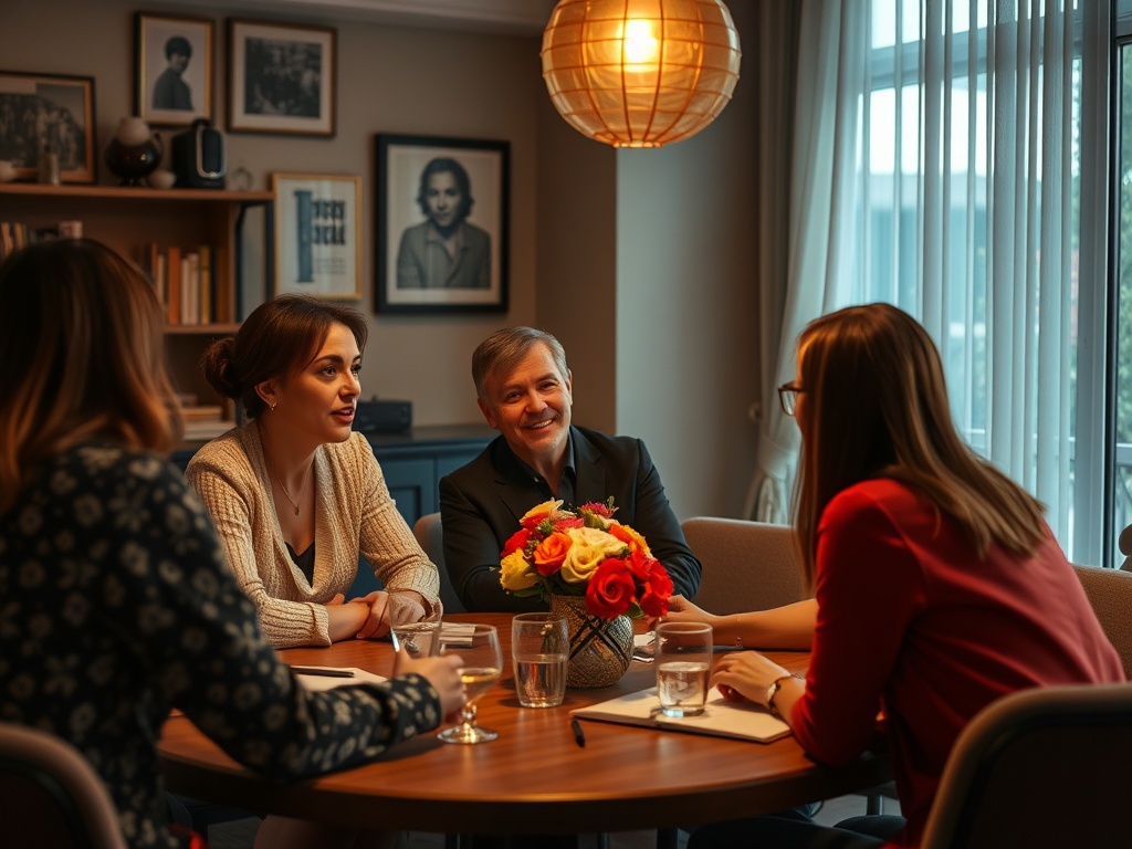Четыре человека обсуждают за столом, на котором стоят цветы и напитки, в уютной комнате.