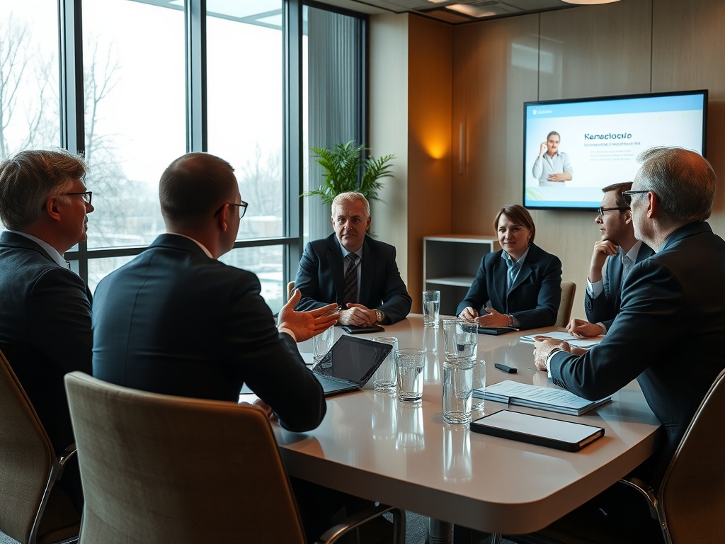 Шестеро людей в деловых костюмах обсуждают проекты на встрече в современном офисе с большими окнами.