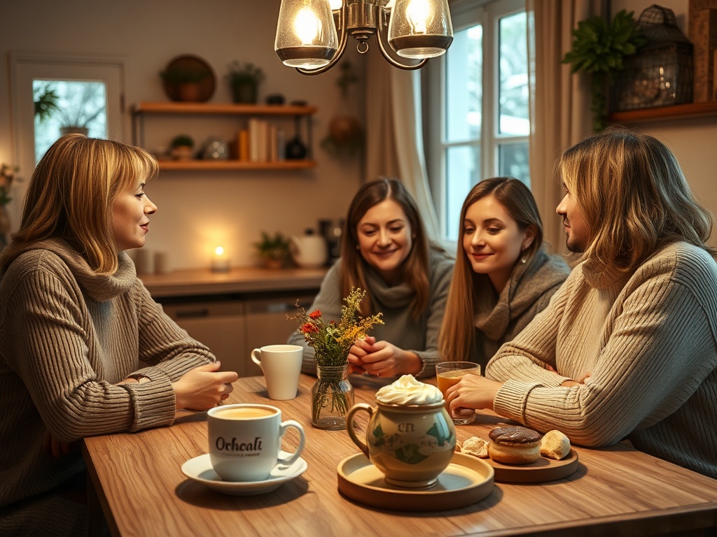 Четыре подруги с чашками кофе и сладостями наслаждаются уютным вечером за столом в теплой обстановке.