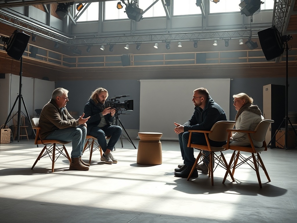 Четыре человека на проекте в студии. Один с камерой, остальные обсуждают. Светлое помещение, уютная атмосфера.