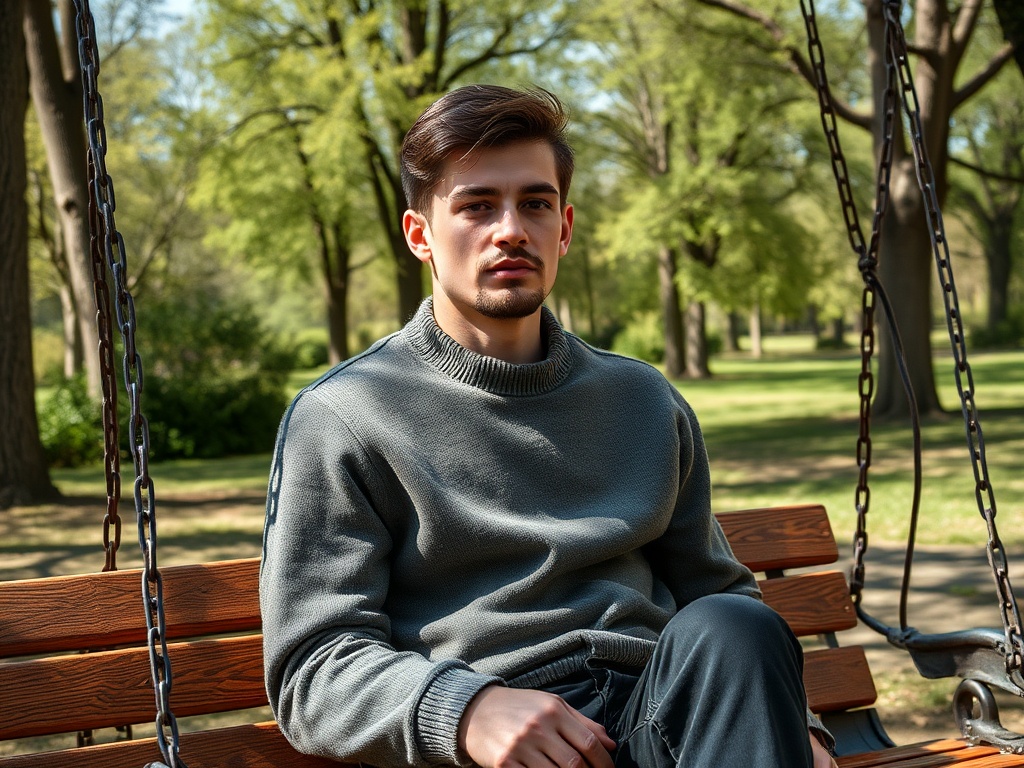 Молодой человек в сером свитере сидит на качелях в парке, окружённый зелёными деревьями.