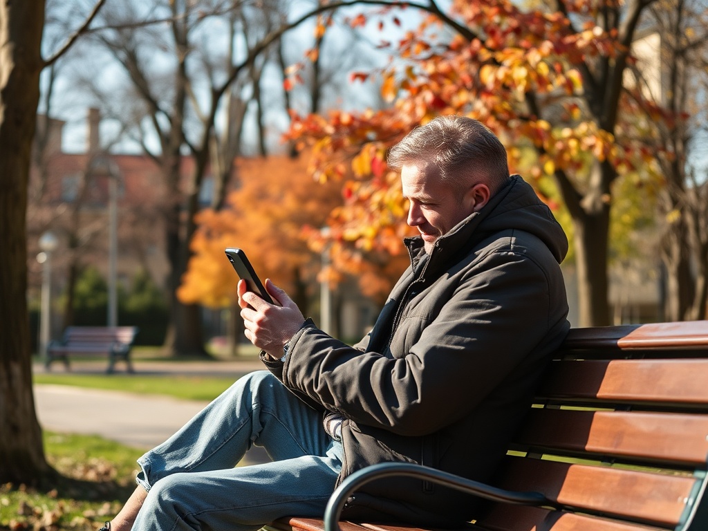 Мужчина сидит на скамейке в парке, смотрит на телефон, вокруг яркие осенние листья.