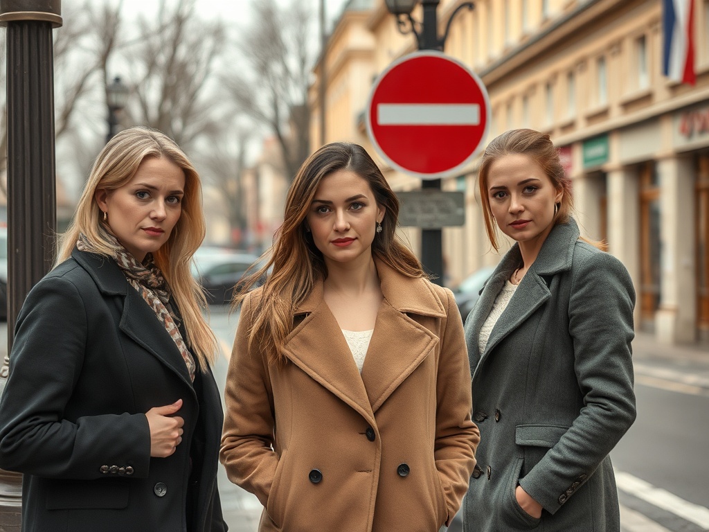 Три женщины стоят на улице, в центре города, на фоне дорожного знака "Въезд запрещен".