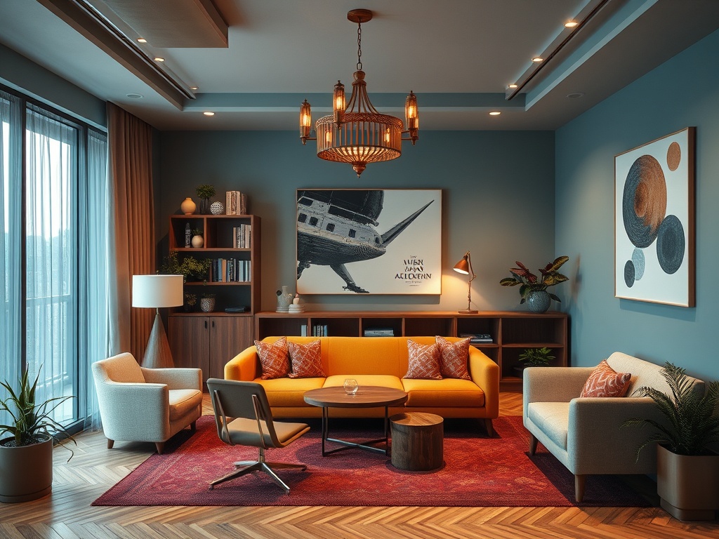 Современный уютный гостиная с оранжевым диваном, стильными креслами и художественными полотнами на стенах.