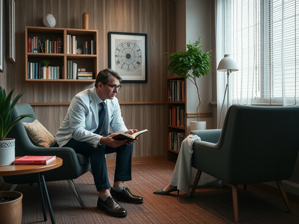 Врач сидит в уютном кабинете, читая книгу, на фоне полок с литературой и зелёными растениями.