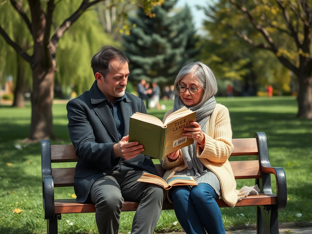 Пара читает книги на скамейке в парке, наслаждаясь осенним днем и общением друг с другом.