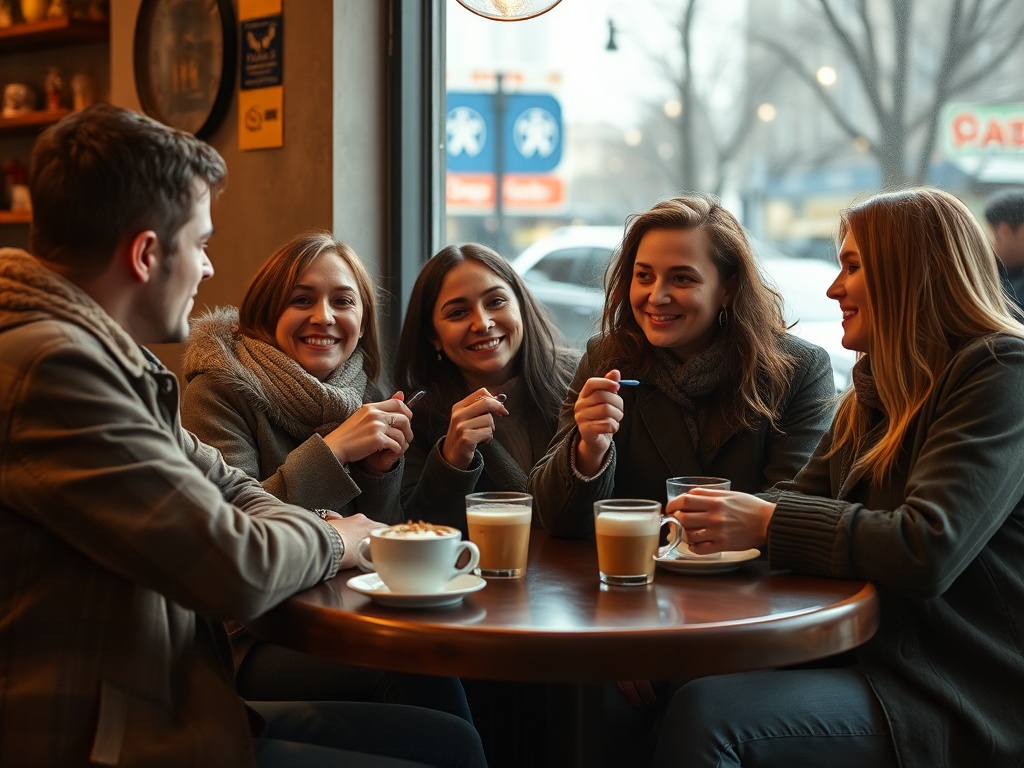 Компания друзей наслаждается кофе в уютном кафе, смеясь и общаясь за столом.