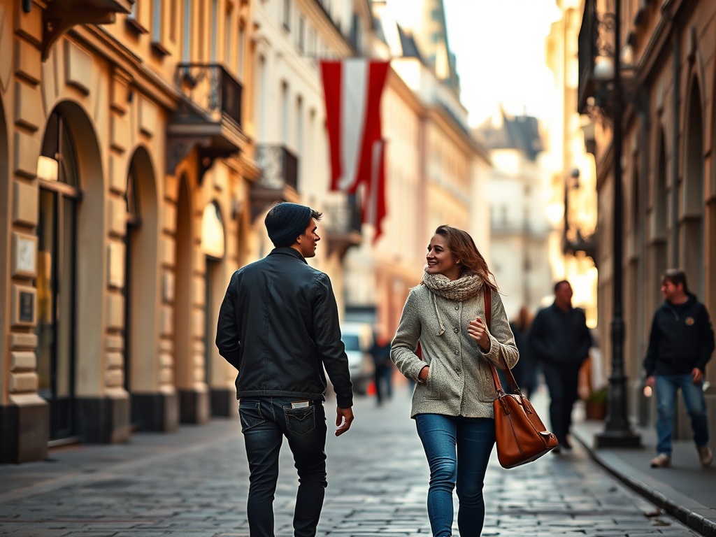 Молодая пара гуляет по улице, наслаждаясь общением и атмосферой города. Сколько радости на их лицах!