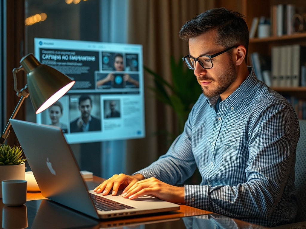 Мужчина работает за ноутбуком в вечернее время, на фоне экрана с информацией. Стол освещен настольной лампой.