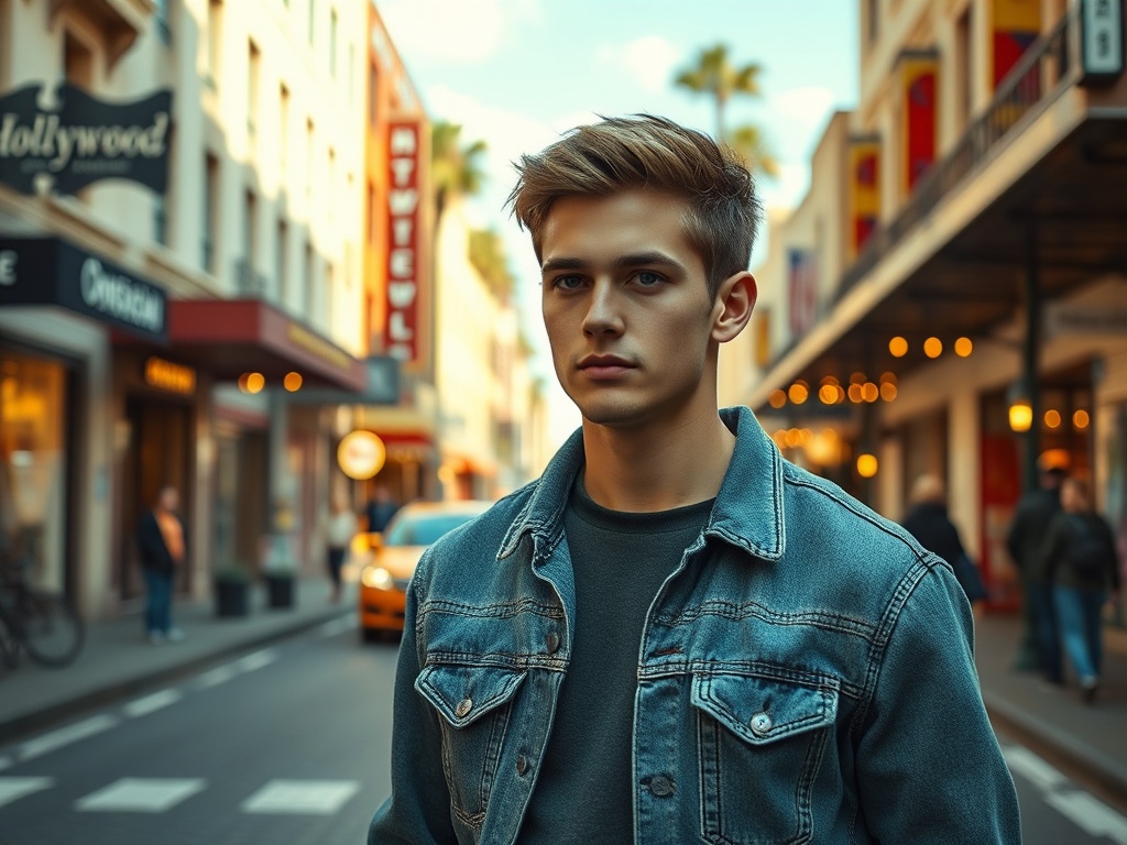 На улице стоит молодой человек в джинсовке, вокруг магазины и проезжающие машины. Солнечный день.