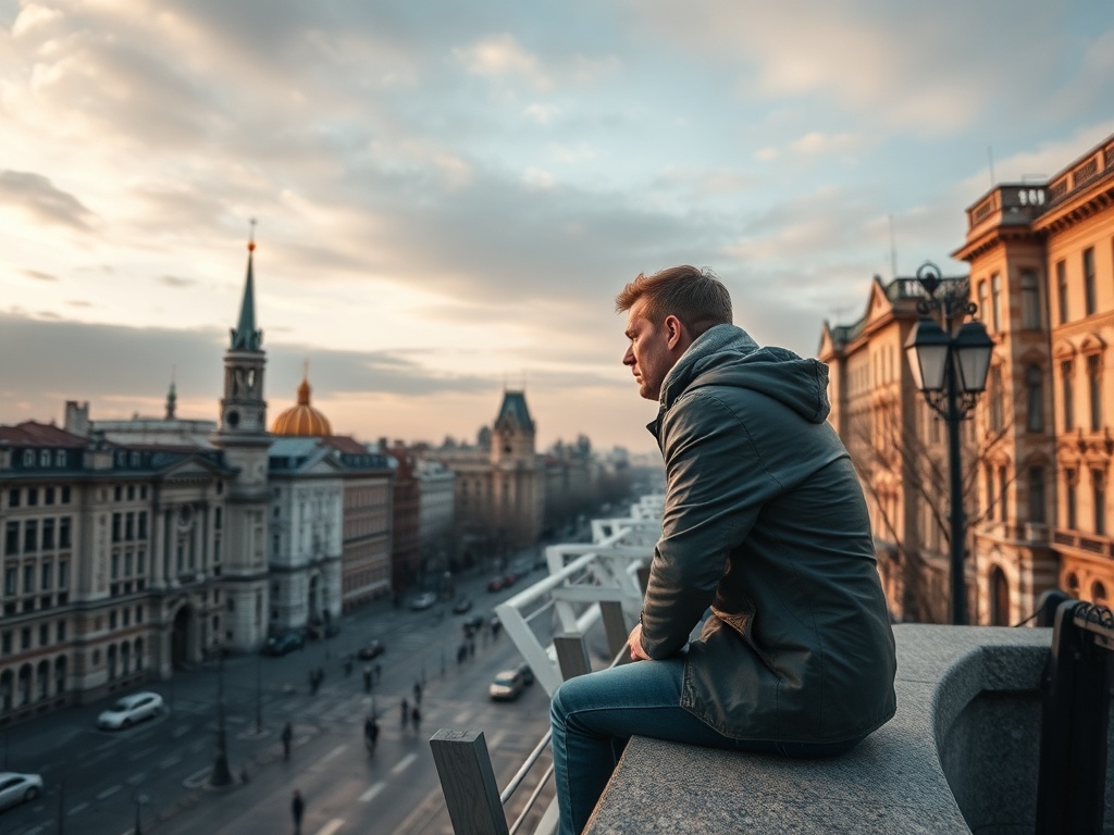 Человек сидит на краю балкона и смотрит на город на закате. Окружающие здания и спокойная атмосфера.