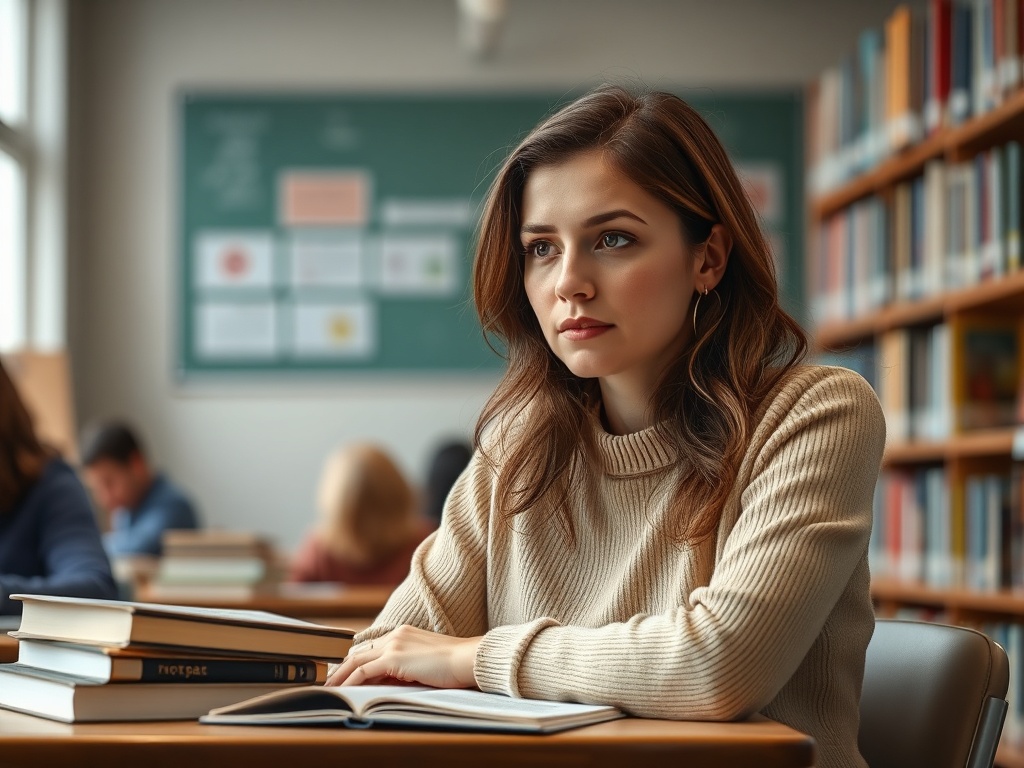 На фото девушка в библиотеке, задумчиво смотрящая вдаль, перед ней стопка книг и открытая тетрадь.