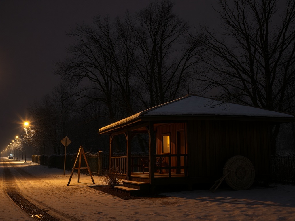 Ночной зимний пейзаж с небольшой деревянной хижиной, утопающей в снегу и освещенной уличными фонарями.