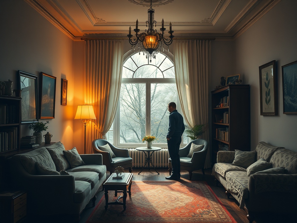 Мужчина стоит у окна в уютной комнате, окруженной мягкой мебелью и теплым светом. Зима за окном.