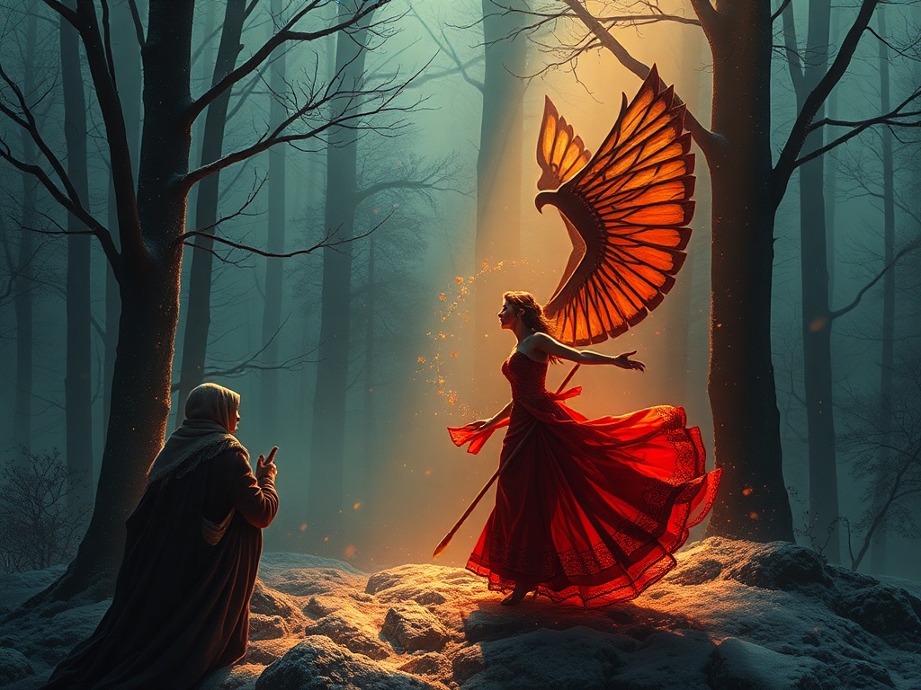 В таинственном лесу женщина в красном платье танцует с магическими крыльями, рядом старая женщина.