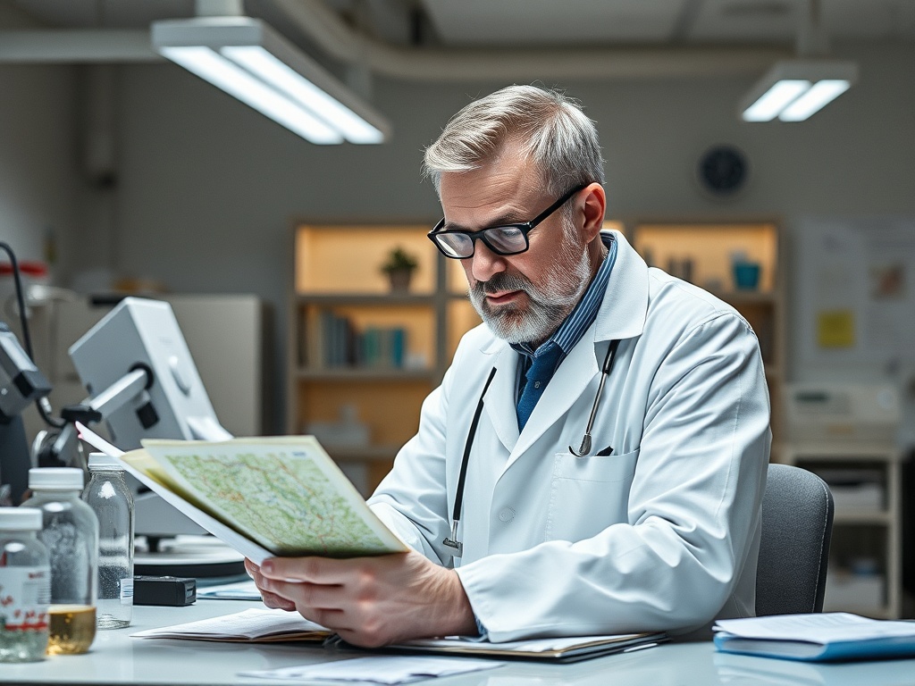 Врач в белом халате внимательно изучает документы в своем кабинете, окруженный медицинскими принадлежностями.