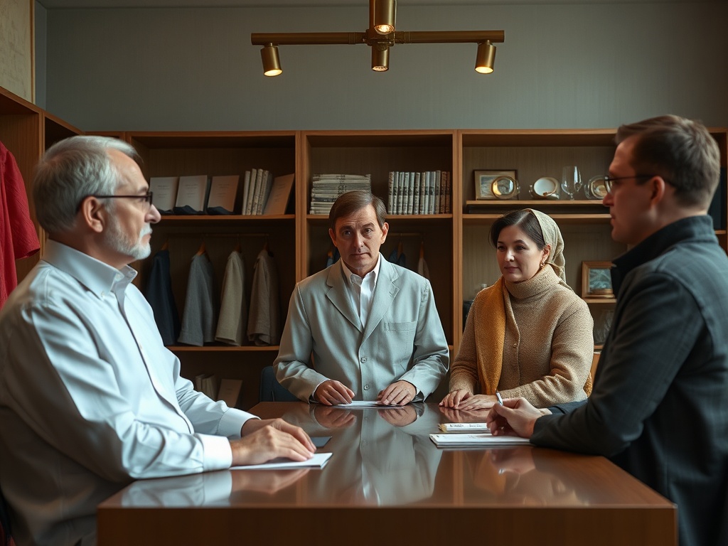 Четыре человека в деловой беседе за столом, в уютном интерьере с книгами и одеждой на фоне.
