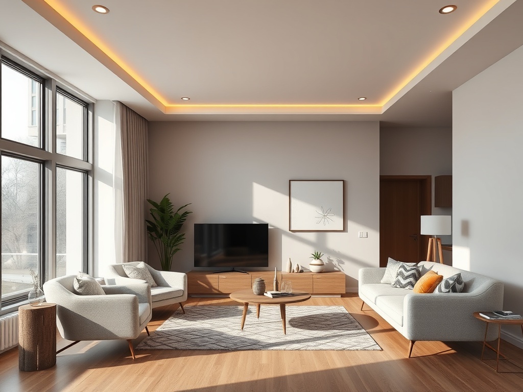 Современный светлый интерьер гостиной с диванами, телевизором и большими окнами, наполненными естественным светом.