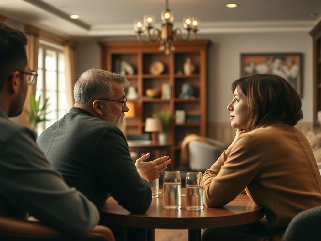 Трое людей обсуждают что-то важное за столом в уютной комнате с книжными полками и светлом.