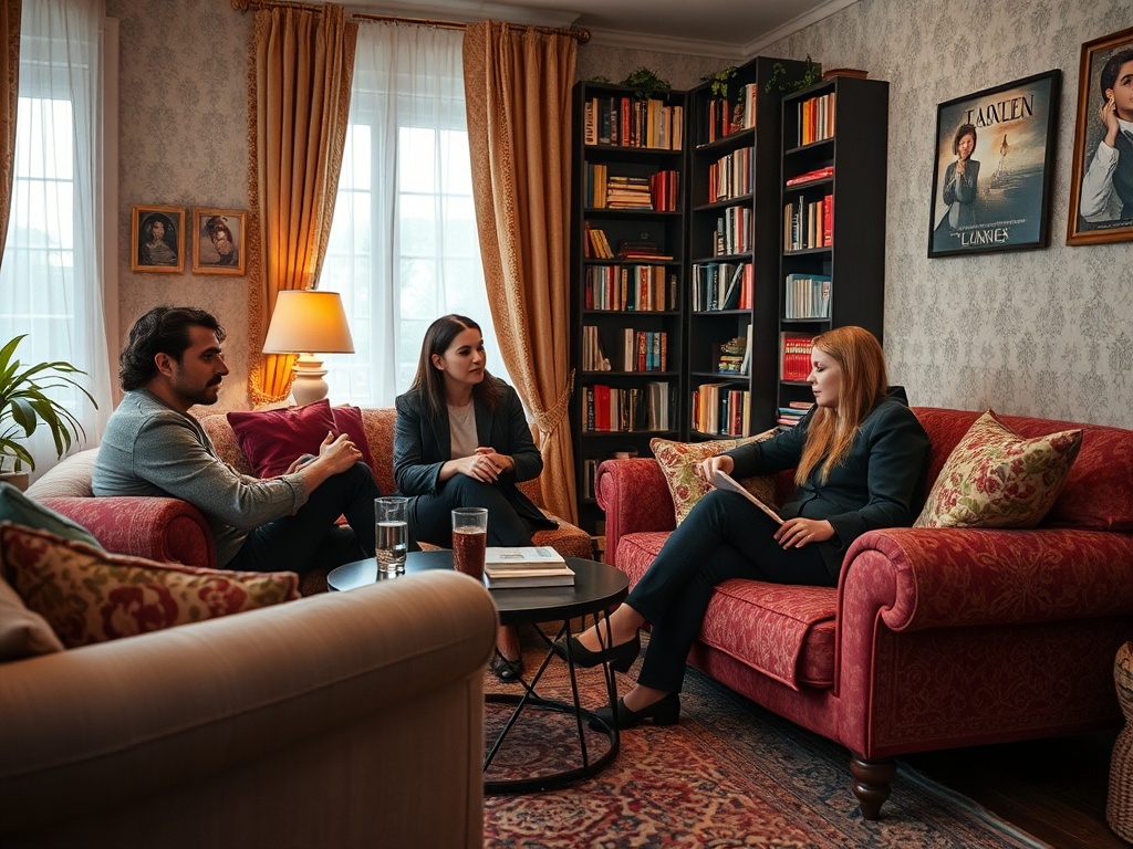 Трое людей беседуют в уютной комнате с книгами и мягкой мебелью. Они выглядят сосредоточенными и вовлечёнными.