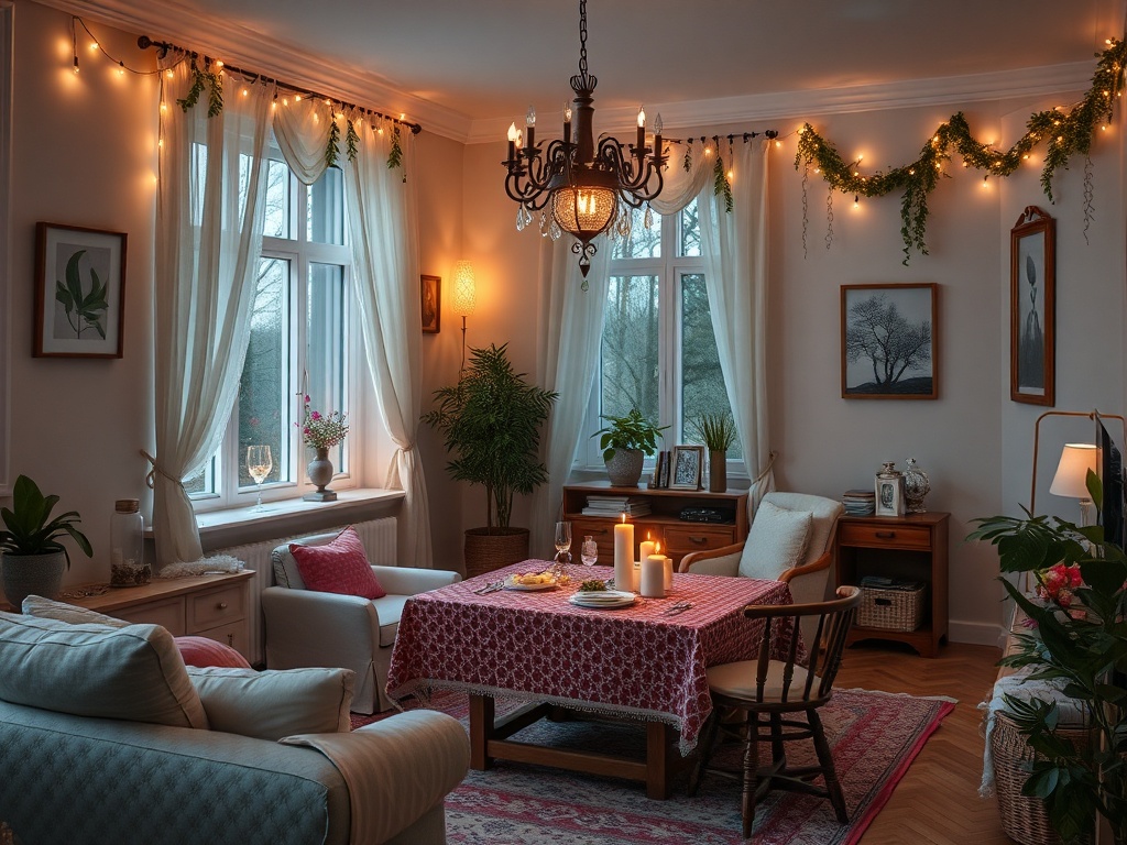 Уютный уголок гостиной с мягкой мебелью, свечами и зеленью у окон, создающий теплую атмосферу.