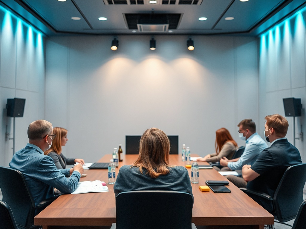 В конференц-зале сидят люди за столом, обсуждая вопросы. На столе вода и документы.