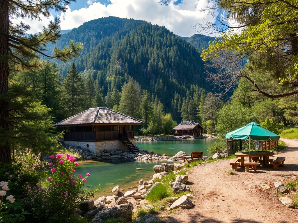 Уютный уголок природы с домиками у озера, окружённого лесами и горами, цветами и скамейками для отдыха.