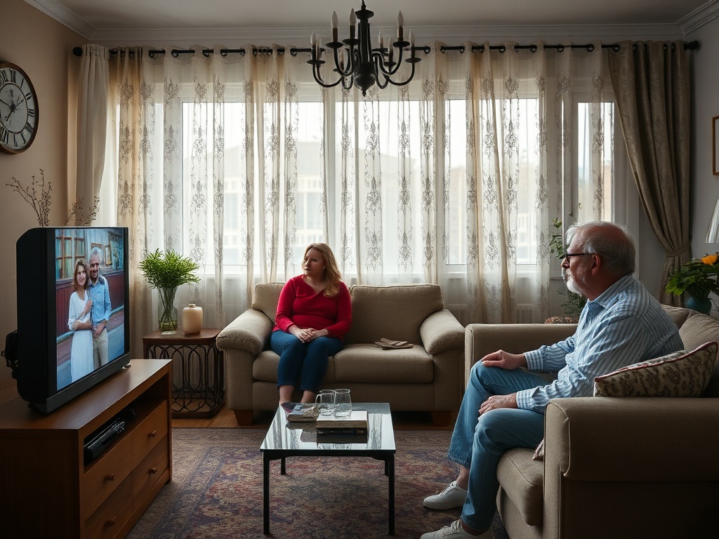 Два человека смотрят телевизор в уютной комнате с большими окнами и занавесками. На экране пара.