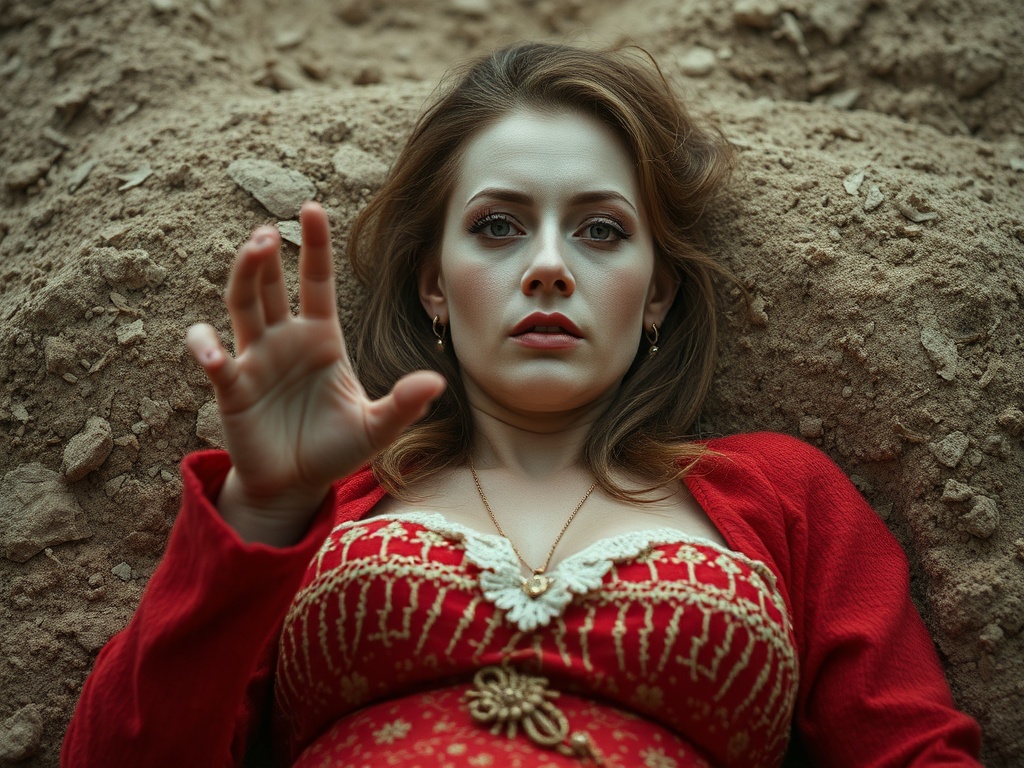 Женщина в красном наряде лежит на земле, протянув руку и выражая тревогу или отчаяние.