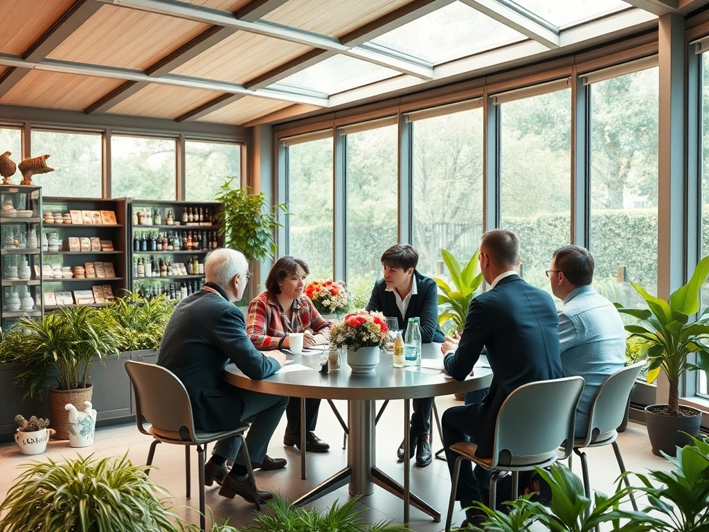В современном офисе группа людей обсуждает идеи за круглым столом, окруженным зелеными растениями.